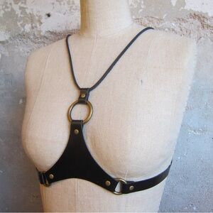 Handmade Black Leather Chest Corset Harness with Brass Accents